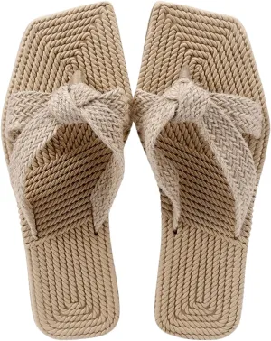OYOANGLE Women's Crisscross Square Toe Thong Sandals Flat Slip On Braided Boho Beach Flip Flops