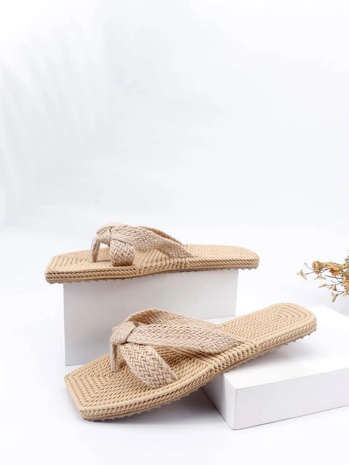 OYOANGLE Women's Crisscross Square Toe Thong Sandals Flat Slip On Braided Boho Beach Flip Flops