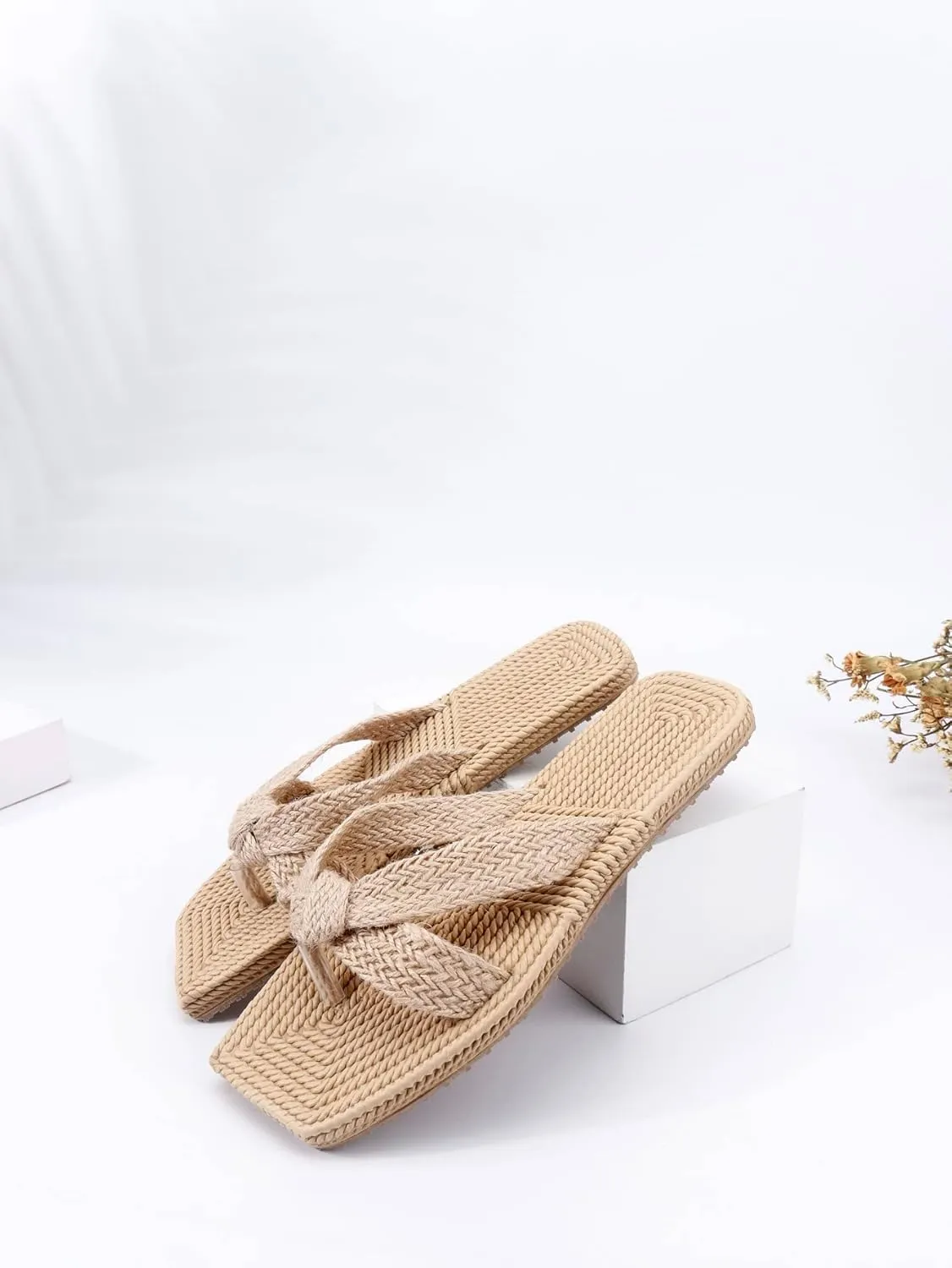 OYOANGLE Women's Crisscross Square Toe Thong Sandals Flat Slip On Braided Boho Beach Flip Flops