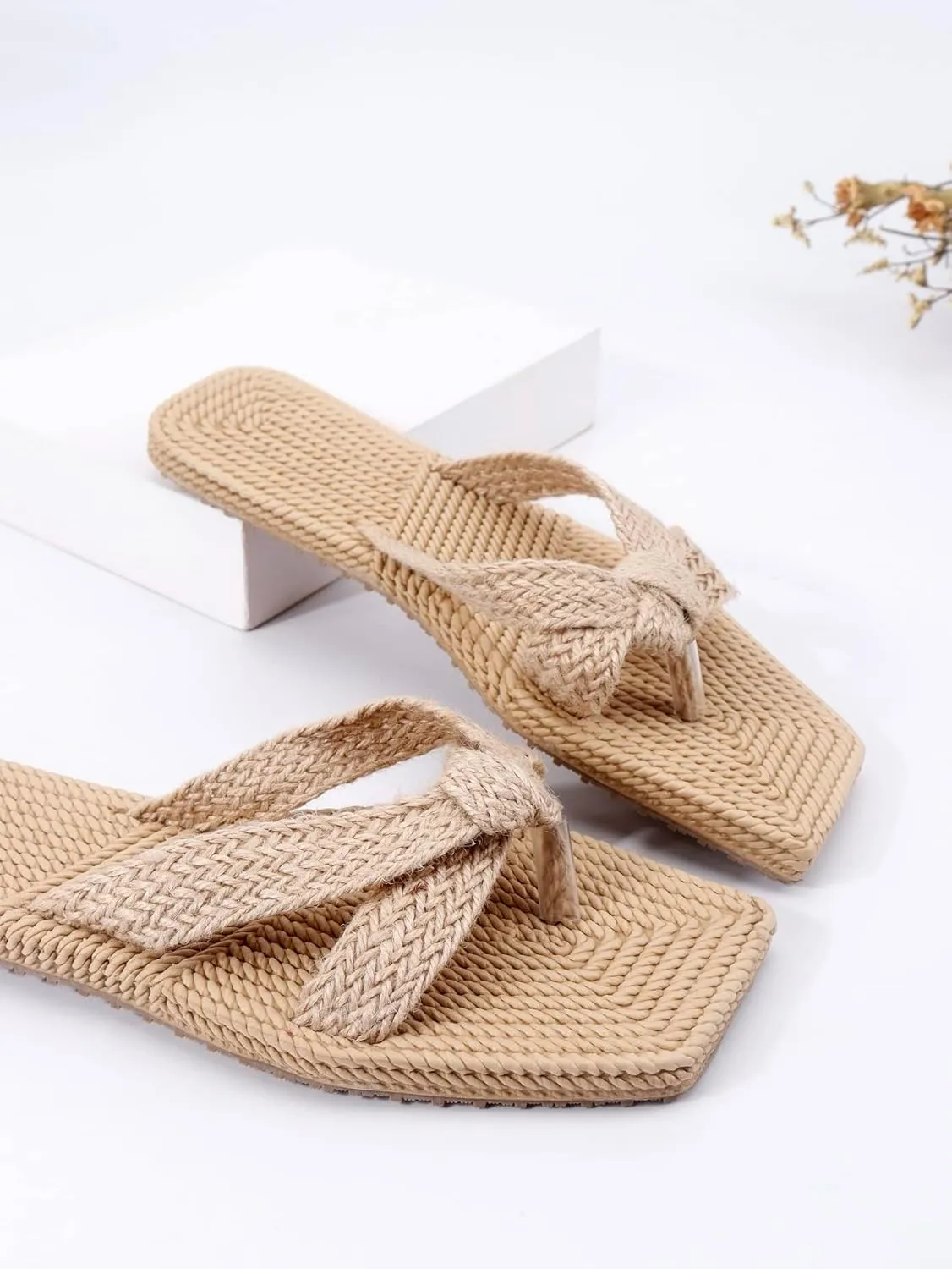 OYOANGLE Women's Crisscross Square Toe Thong Sandals Flat Slip On Braided Boho Beach Flip Flops