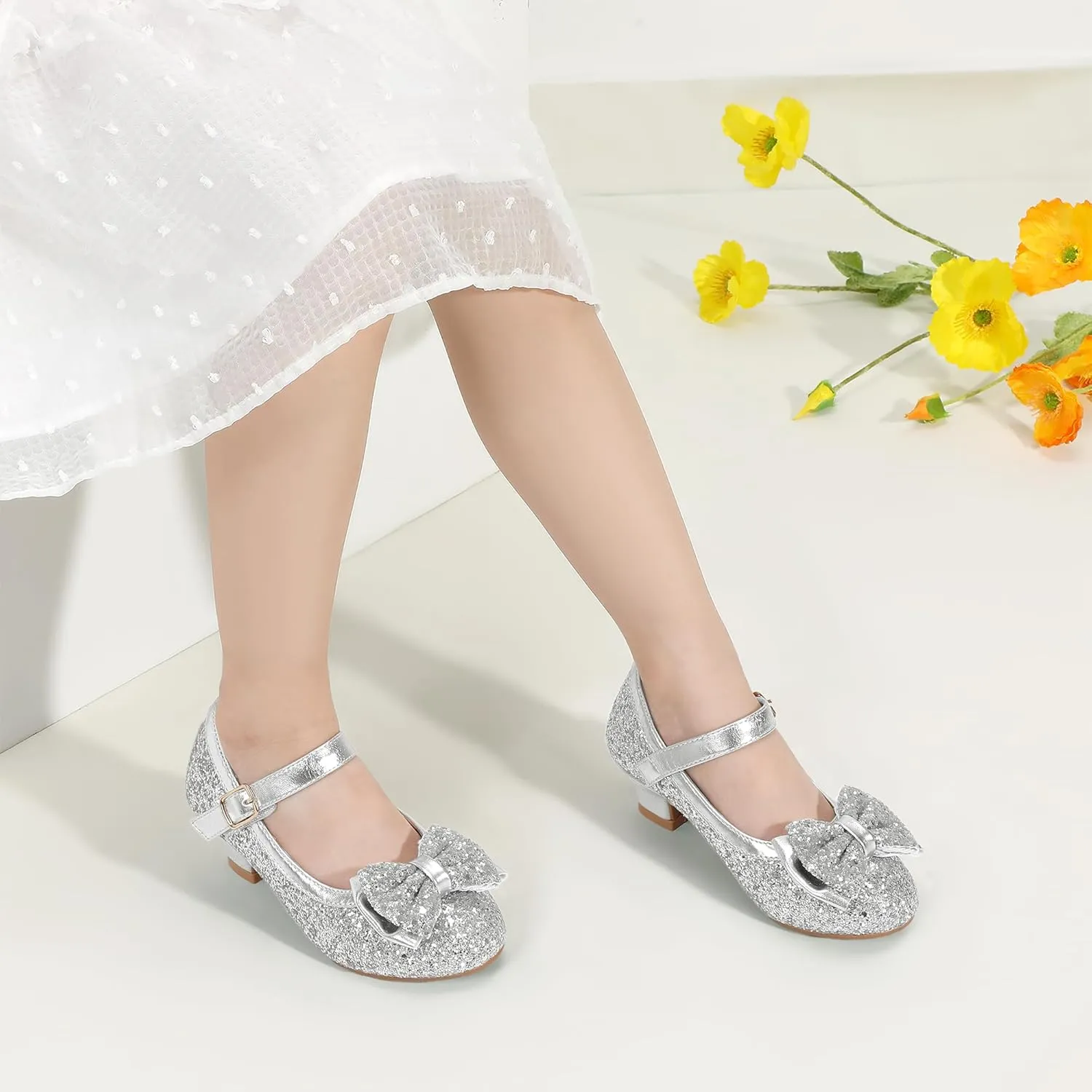 PANDANINJIA Girls Toddler/Little Kid Jada Dress Mary Jane Pumps Bow Low Heels Party Wedding Princess Shoes