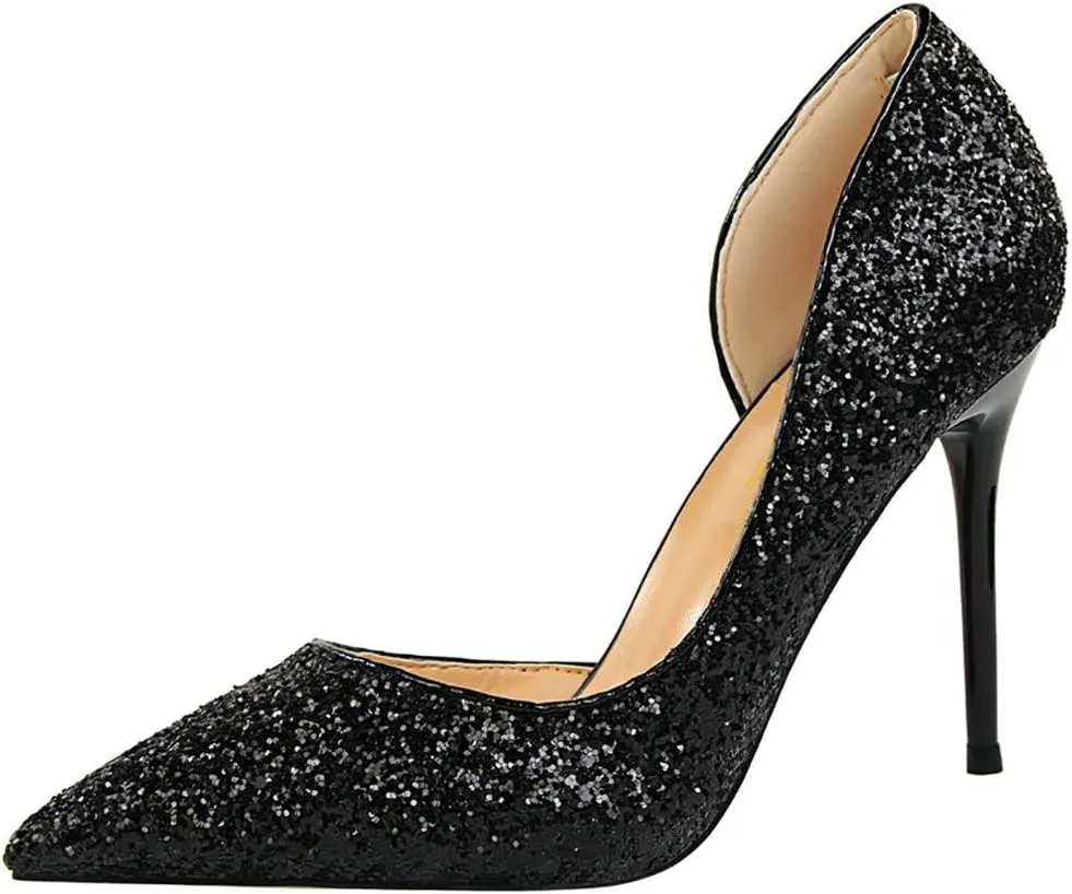 Parisuit Womens Stiletto High Heels Glitter Pumps Closed Pointed Toe Bridal Wedding Party Dress Sequin Sexy Shoes
