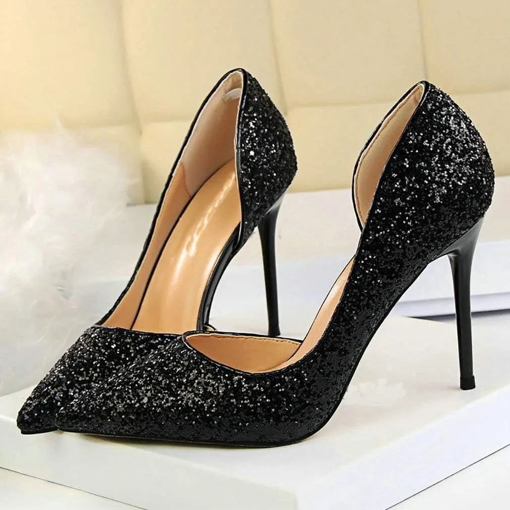 Parisuit Womens Stiletto High Heels Glitter Pumps Closed Pointed Toe Bridal Wedding Party Dress Sequin Sexy Shoes