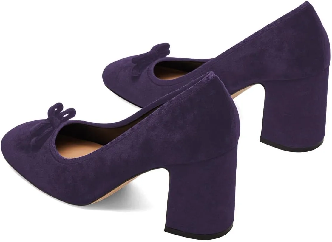 Pazzion Women Chic Round Closed Toe Pumps Velvet Double Bows Chunky High Heel Slip On Ladies Shoes for Daily Leisure Outdoor Size 4-16 US