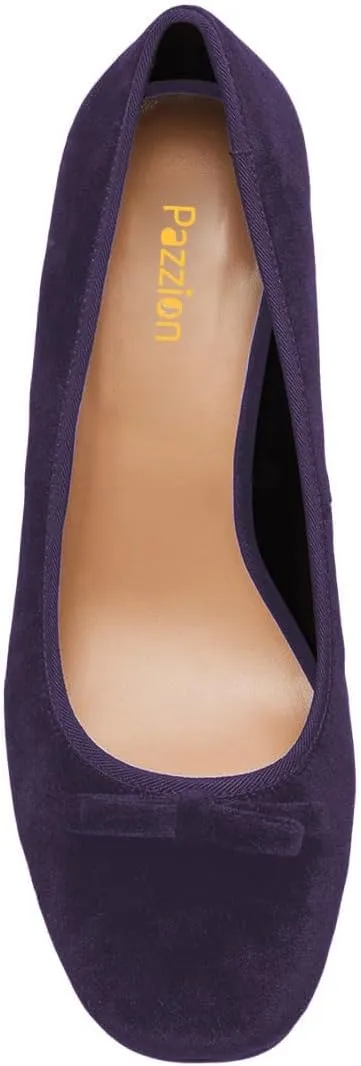 Pazzion Women Chic Round Closed Toe Pumps Velvet Double Bows Chunky High Heel Slip On Ladies Shoes for Daily Leisure Outdoor Size 4-16 US