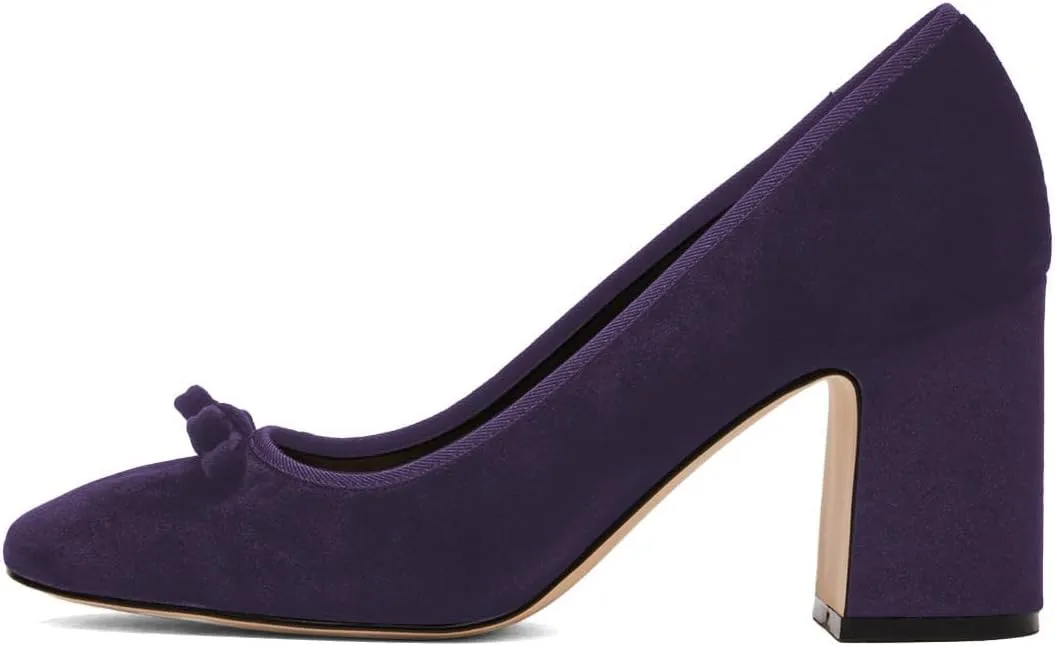 Pazzion Women Chic Round Closed Toe Pumps Velvet Double Bows Chunky High Heel Slip On Ladies Shoes for Daily Leisure Outdoor Size 4-16 US
