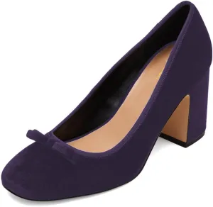 Pazzion Women Chic Round Closed Toe Pumps Velvet Double Bows Chunky High Heel Slip On Ladies Shoes for Daily Leisure Outdoor Size 4-16 US
