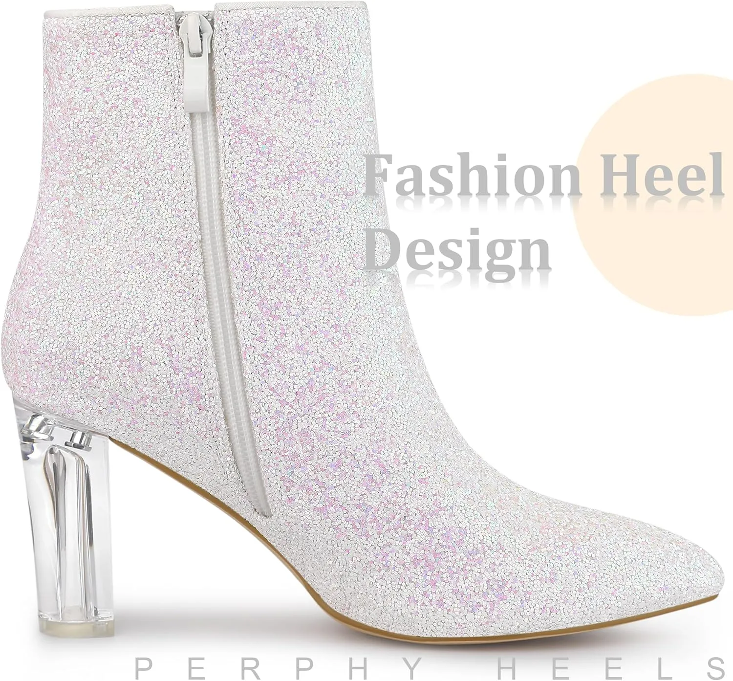 Perphy Clear Heel Sparkly Glitter Block Heels Ankle Boots for Women