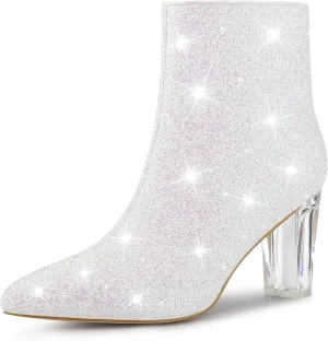Perphy Clear Heel Sparkly Glitter Block Heels Ankle Boots for Women
