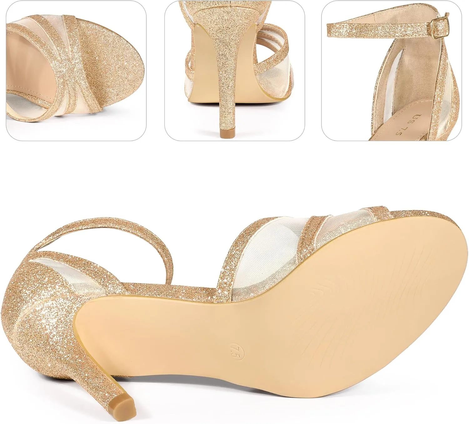 Perphy Glitter Heel Ankle Strap Stiletto Heels Pumps Sandals for Women