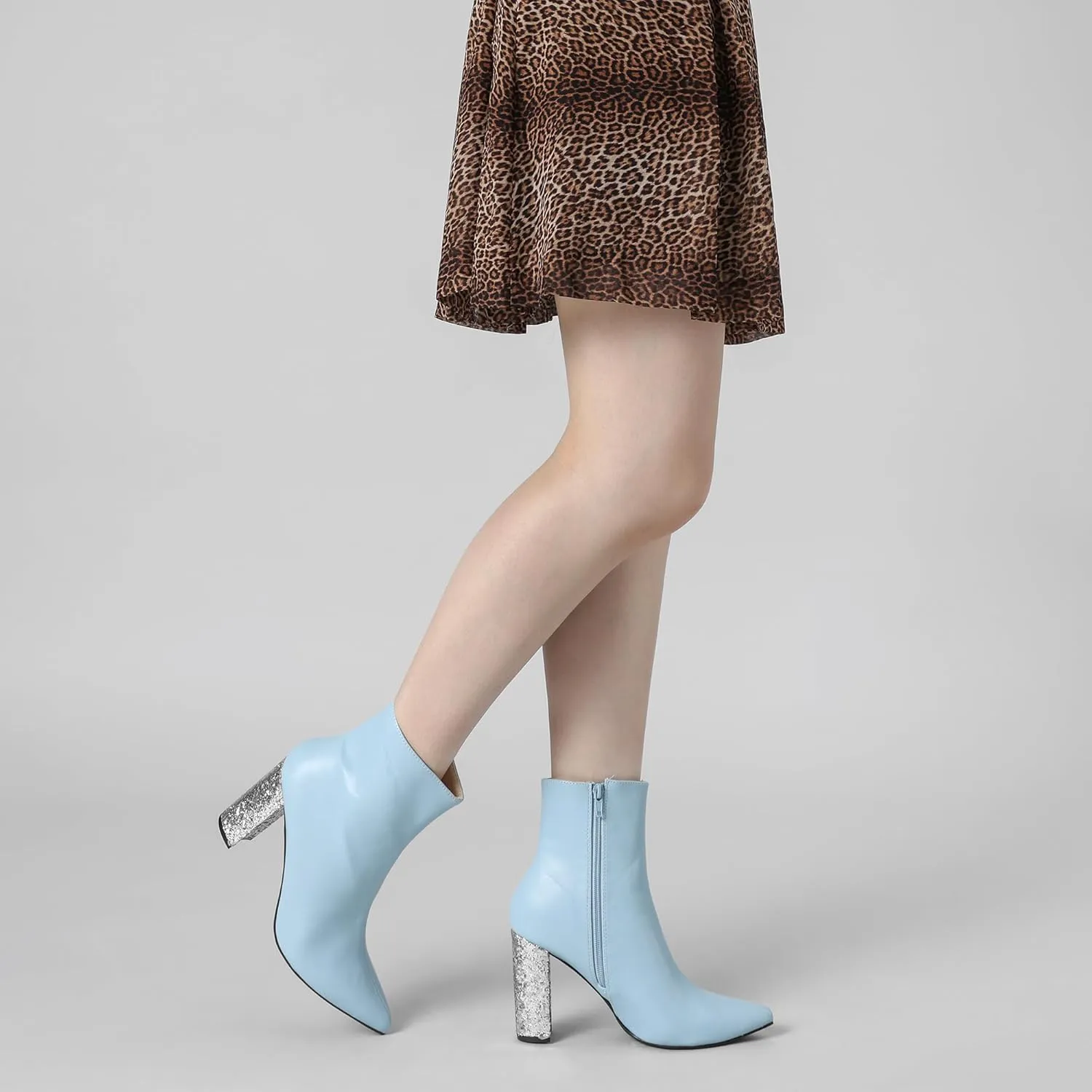 Perphy Glitter Heel Fashion Sparkly Pointy Toe Zipper Chunky Heels Ankle Boots for Women