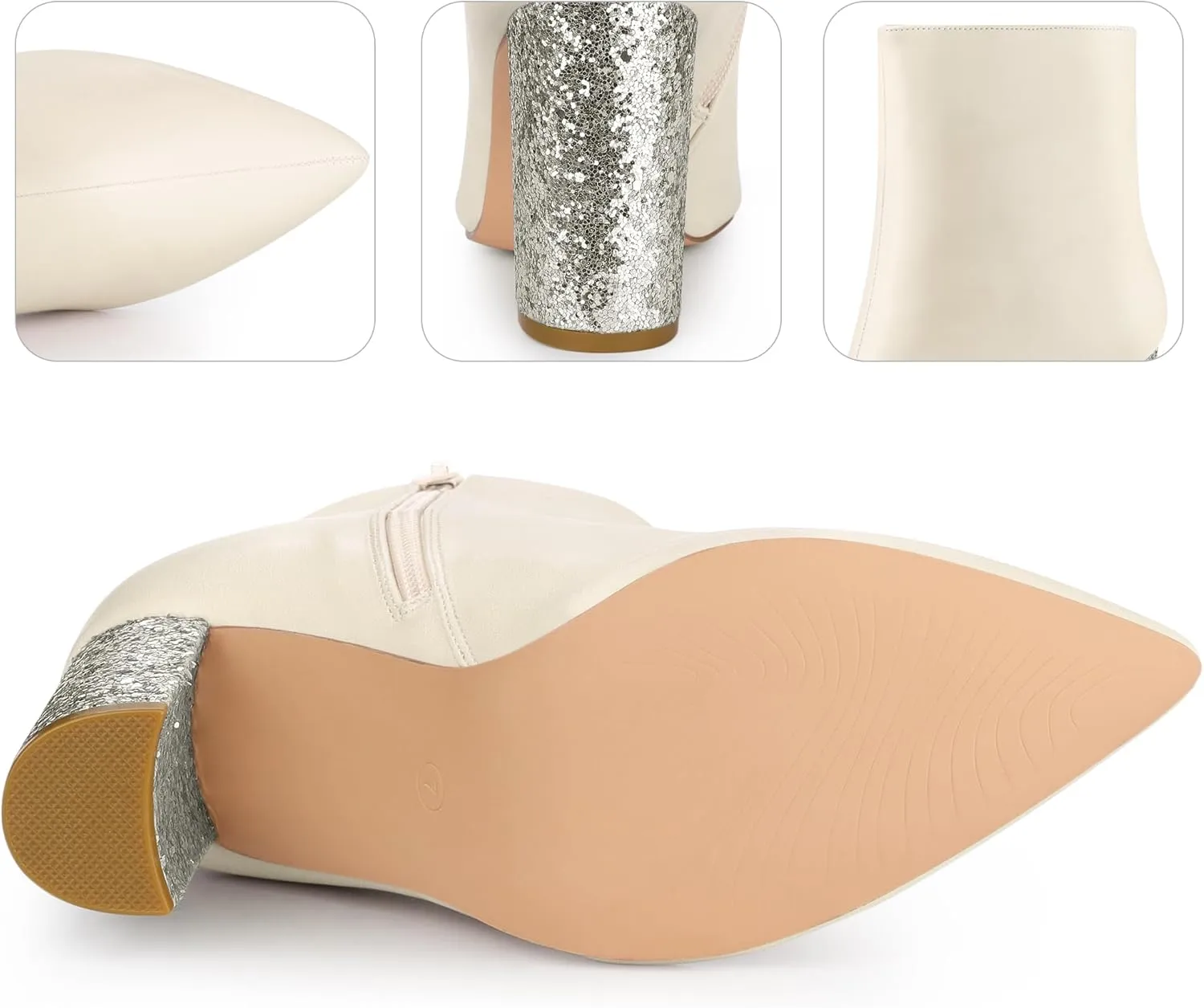 Perphy Glitter Heel Fashion Sparkly Pointy Toe Zipper Chunky Heels Ankle Boots for Women