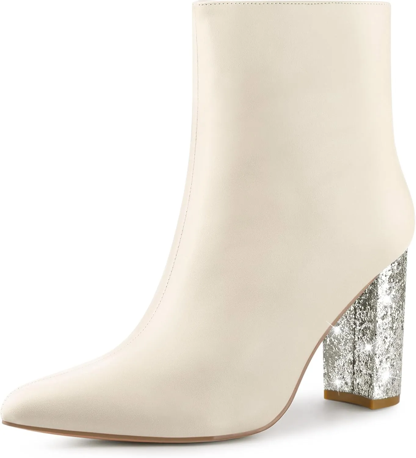 Perphy Glitter Heel Fashion Sparkly Pointy Toe Zipper Chunky Heels Ankle Boots for Women