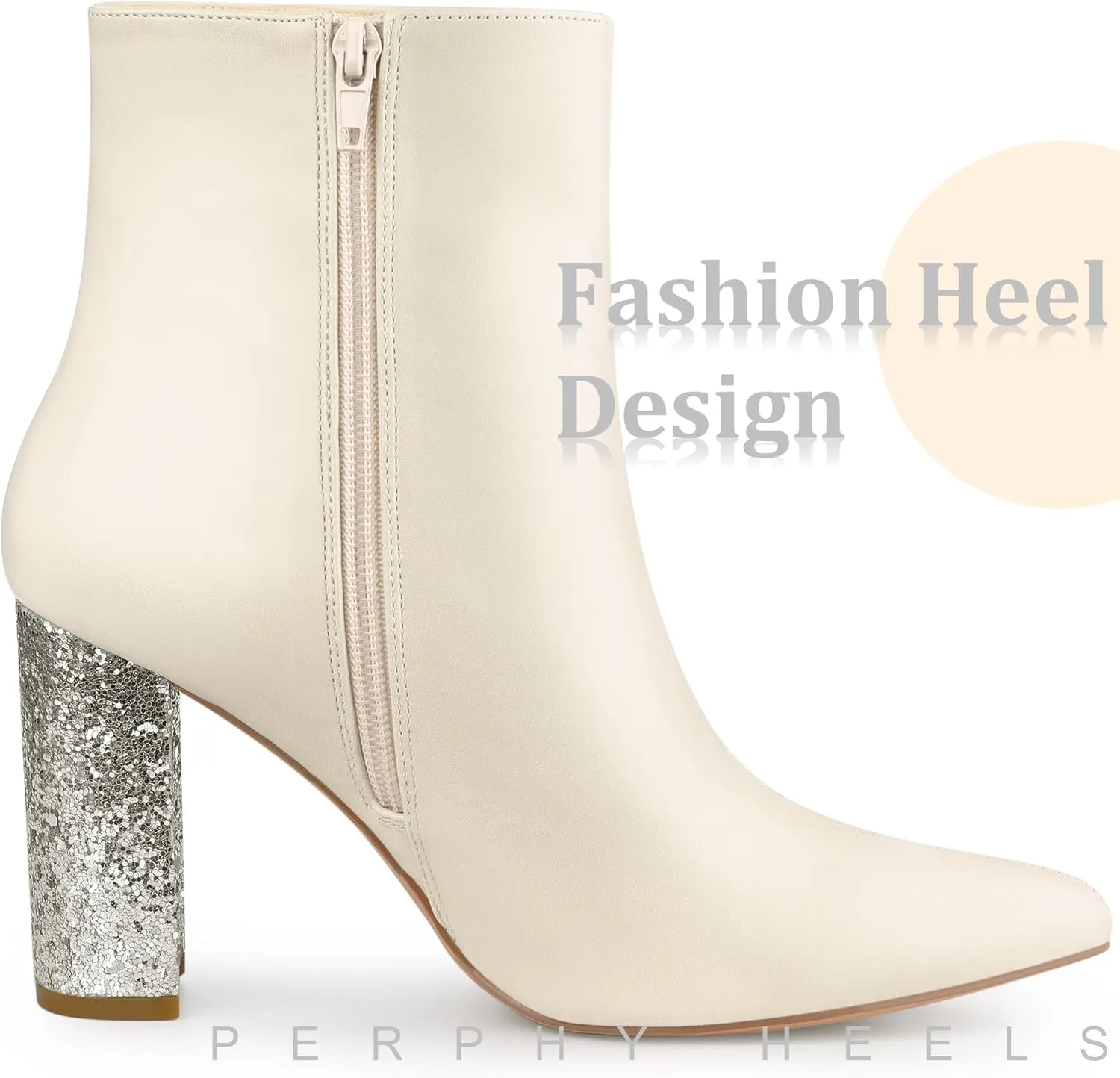 Perphy Glitter Heel Fashion Sparkly Pointy Toe Zipper Chunky Heels Ankle Boots for Women