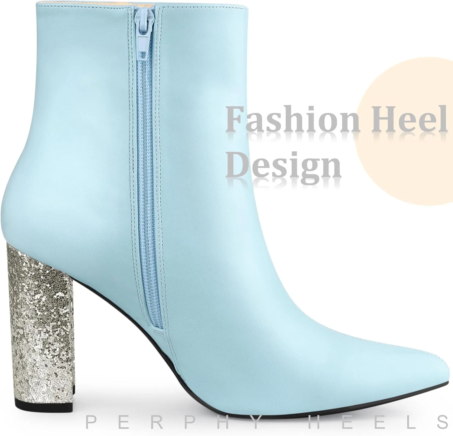 Perphy Glitter Heel Fashion Sparkly Pointy Toe Zipper Chunky Heels Ankle Boots for Women