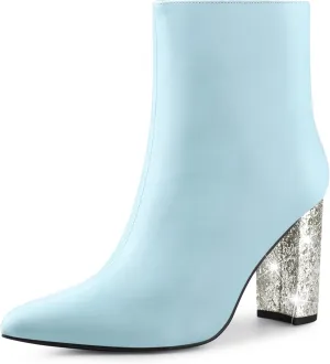 Perphy Glitter Heel Fashion Sparkly Pointy Toe Zipper Chunky Heels Ankle Boots for Women