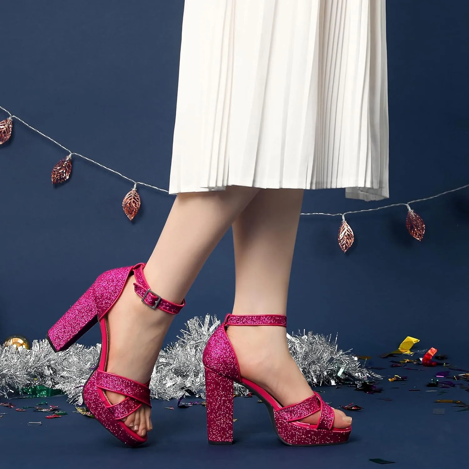 Perphy Glitter Platform Heel Crisscross Strap Chunky Heels Sandals for Women