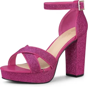 Perphy Glitter Platform Heel Crisscross Strap Chunky Heels Sandals for Women