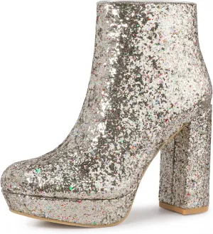 Perphy Glitter Platform Round Toe Chunky Heels Ankle Boots for Women