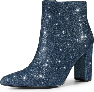 Perphy Glitter Pointed Toe Chunky Heels Sparkly Booties Ankle Boots for Women