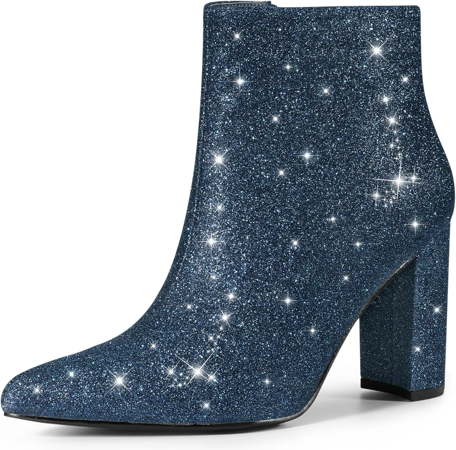 Perphy Glitter Pointed Toe Chunky Heels Sparkly Booties Ankle Boots for Women