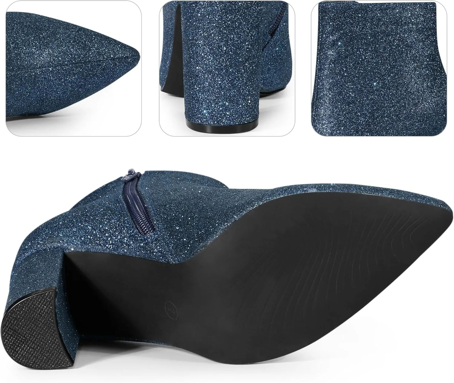 Perphy Glitter Pointed Toe Chunky Heels Sparkly Booties Ankle Boots for Women