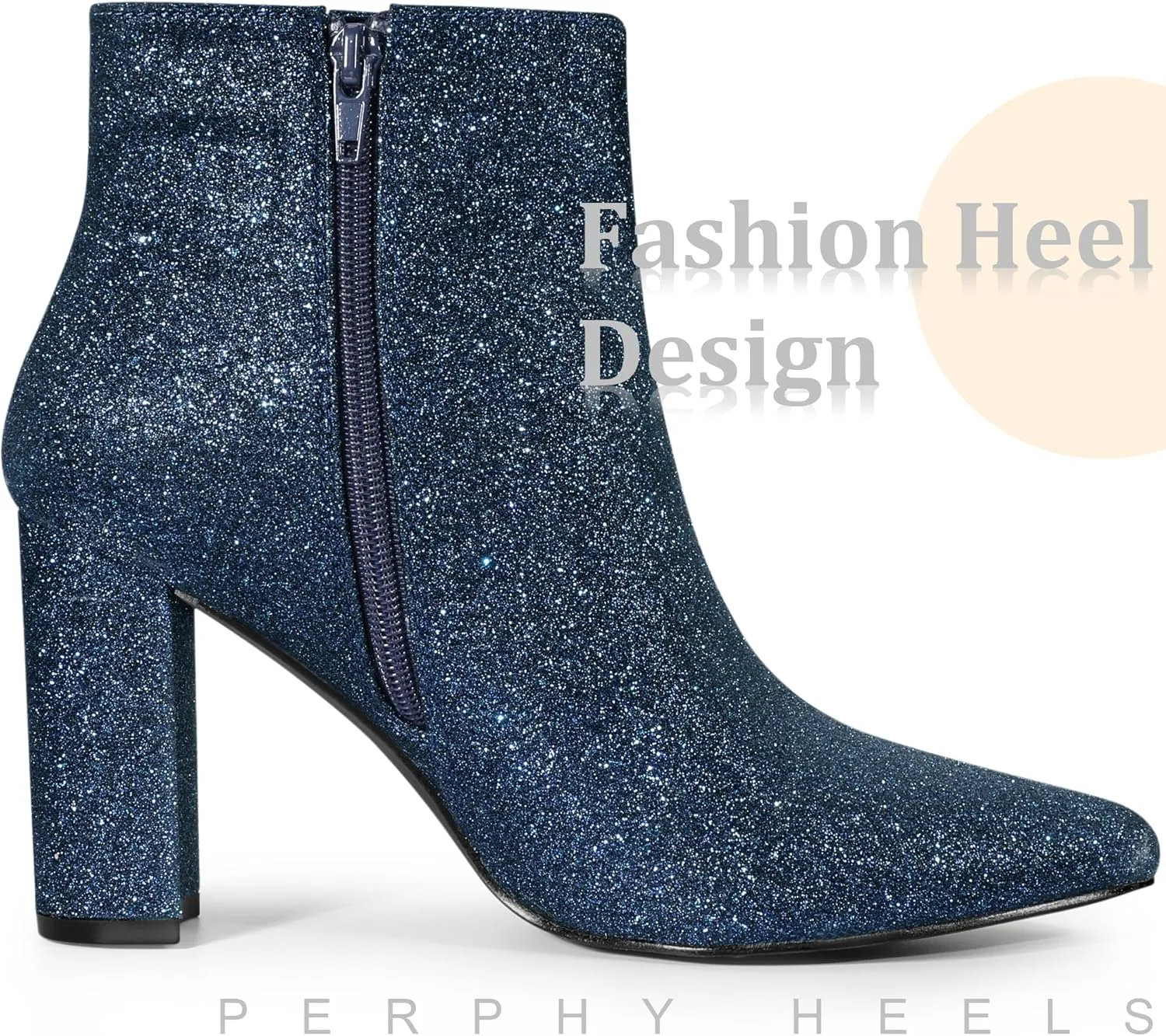 Perphy Glitter Pointed Toe Chunky Heels Sparkly Booties Ankle Boots for Women