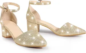 Perphy Glitter Pointed Toe Pumps Ankle Strap Buckle Chunky Block Heel Dress Pumps for Women