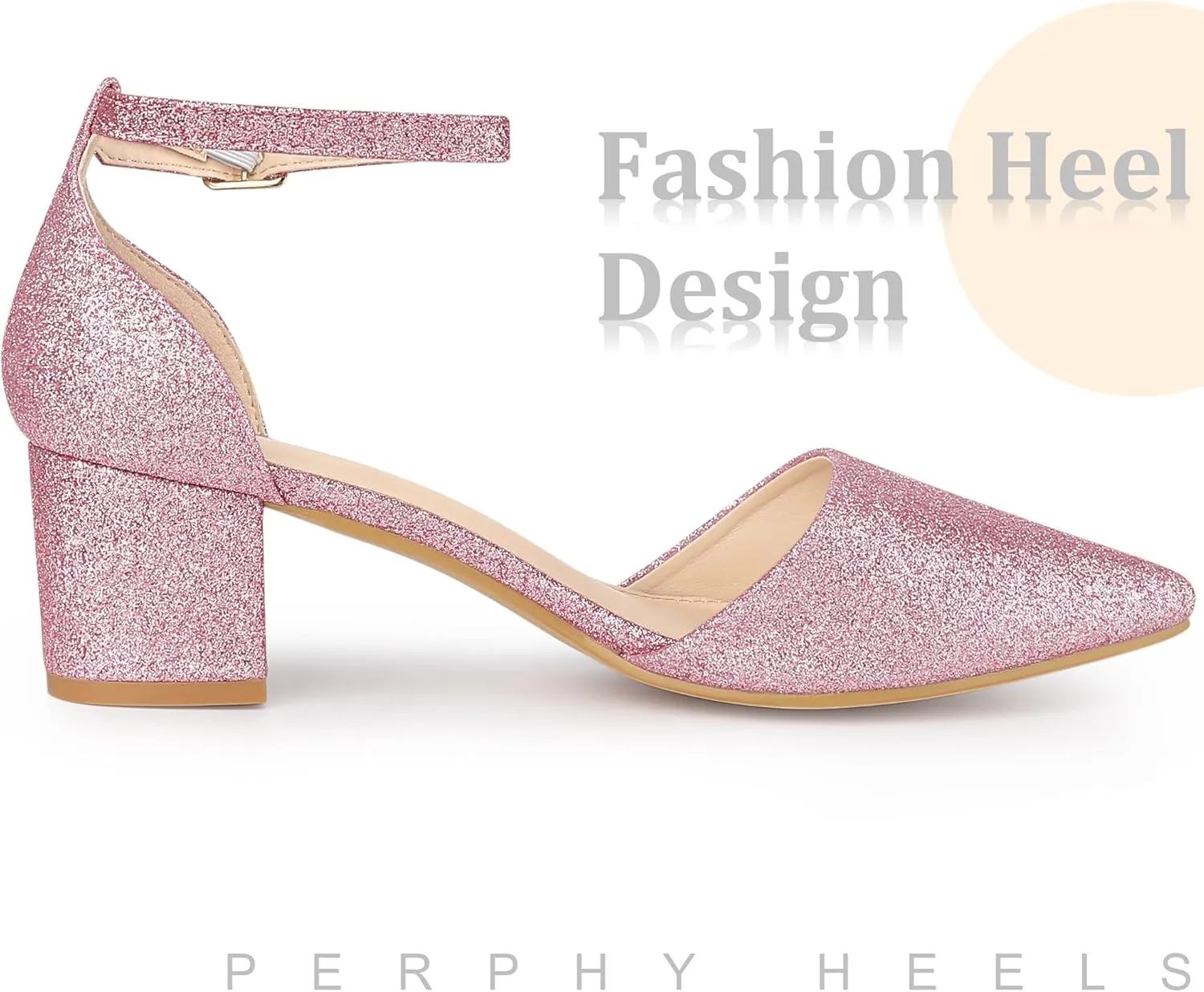 Perphy Glitter Pointed Toe Pumps Ankle Strap Buckle Chunky Block Heel Dress Pumps for Women