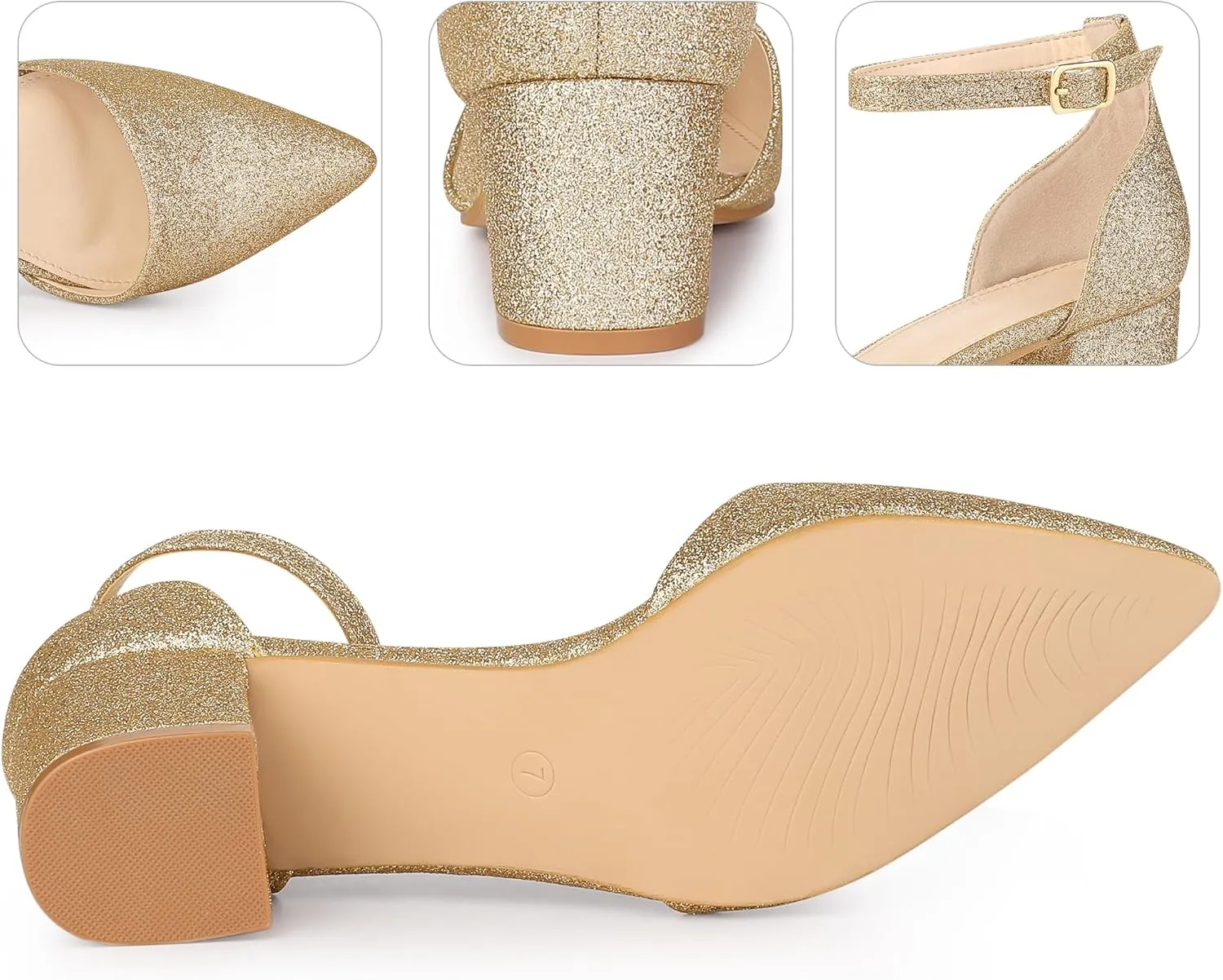 Perphy Glitter Pointed Toe Pumps Ankle Strap Buckle Chunky Block Heel Dress Pumps for Women