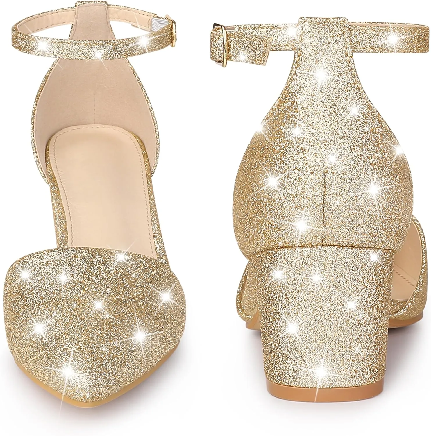 Perphy Glitter Pointed Toe Pumps Ankle Strap Buckle Chunky Block Heel Dress Pumps for Women