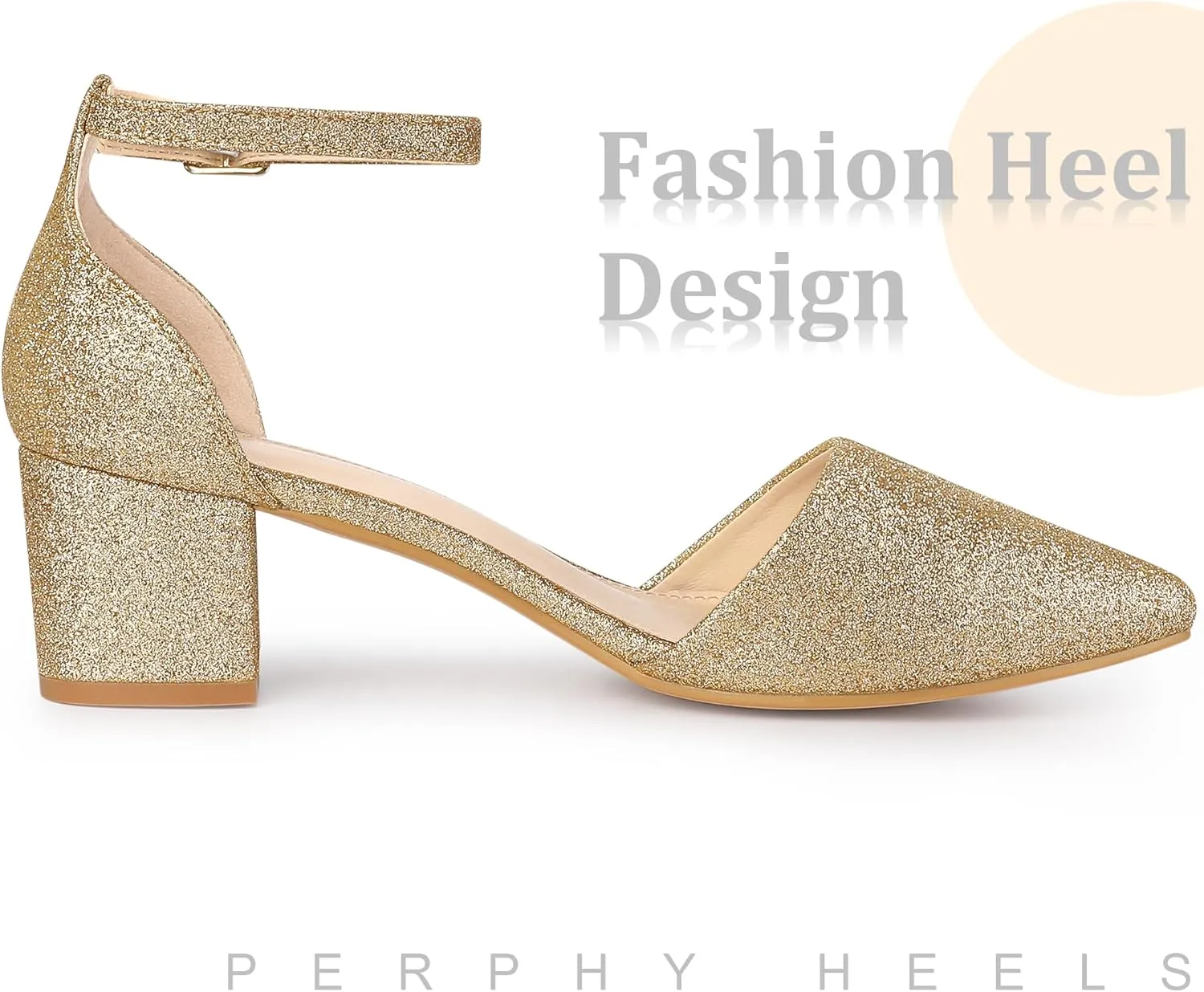 Perphy Glitter Pointed Toe Pumps Ankle Strap Buckle Chunky Block Heel Dress Pumps for Women