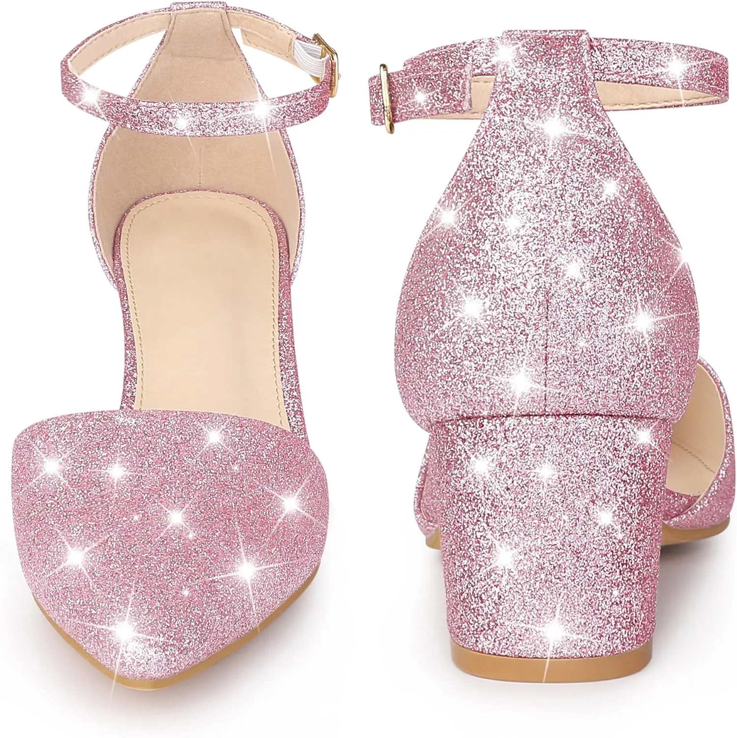 Perphy Glitter Pointed Toe Pumps Ankle Strap Buckle Chunky Block Heel Dress Pumps for Women