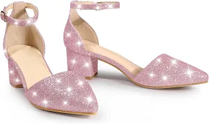 Perphy Glitter Pointed Toe Pumps Ankle Strap Buckle Chunky Block Heel Dress Pumps for Women