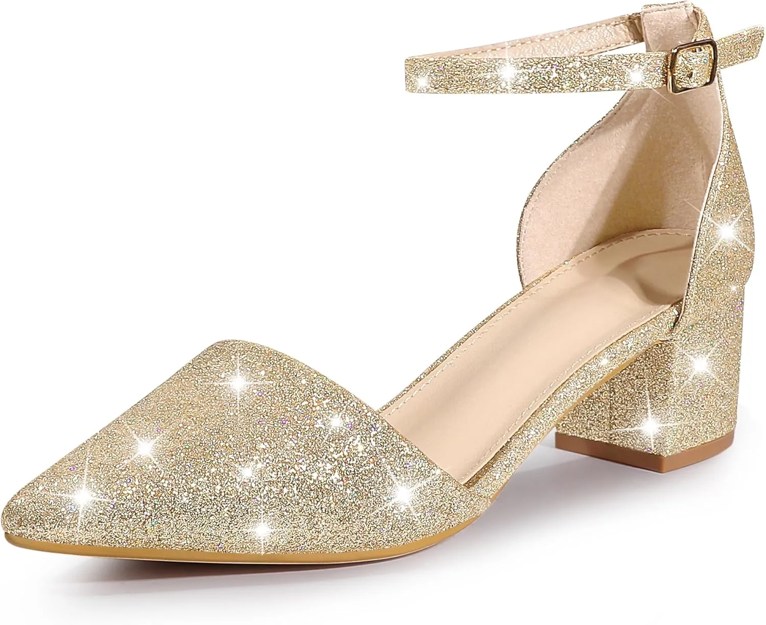Perphy Glitter Pointed Toe Pumps Ankle Strap Buckle Chunky Block Heel Dress Pumps for Women