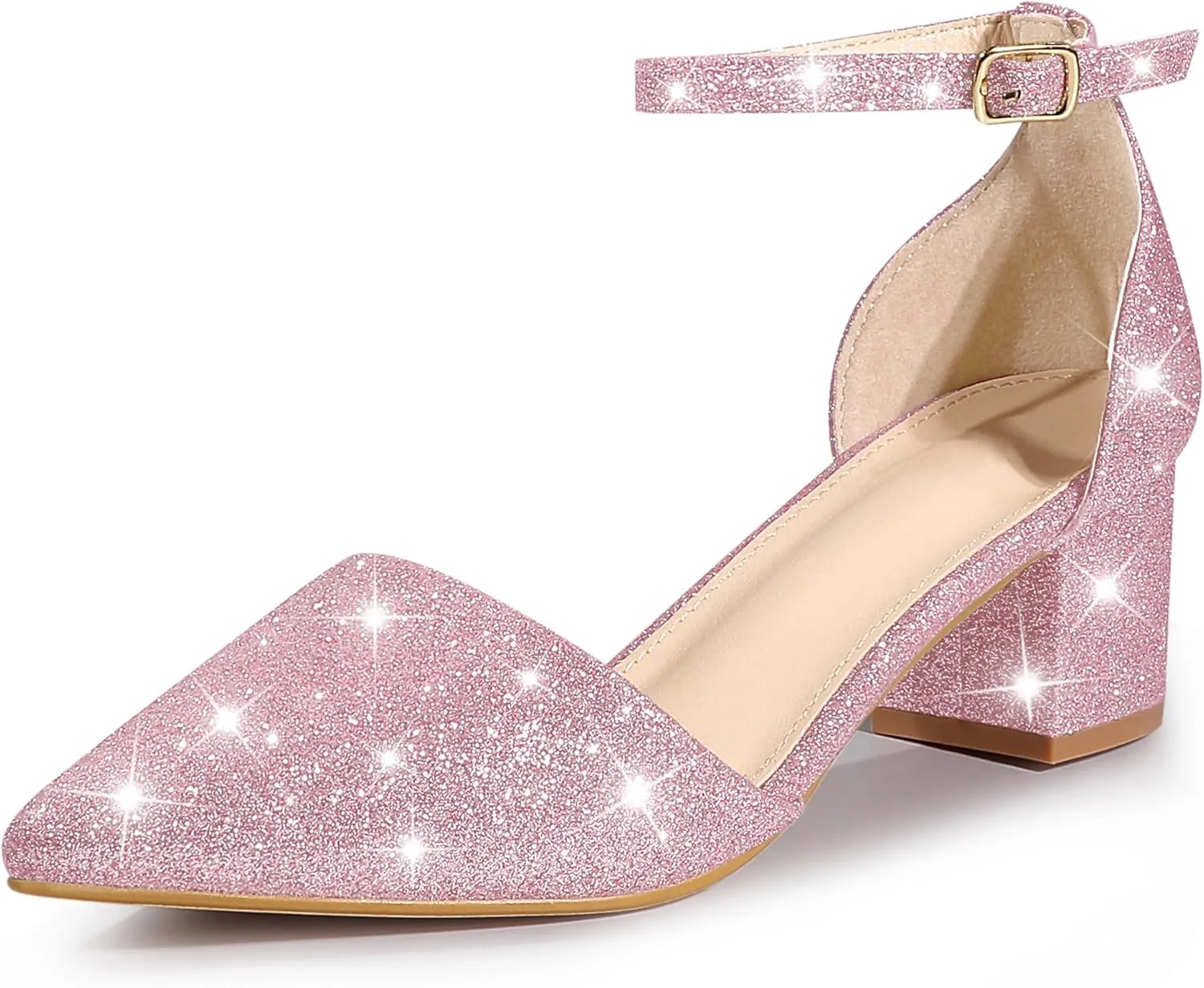 Perphy Glitter Pointed Toe Pumps Ankle Strap Buckle Chunky Block Heel Dress Pumps for Women