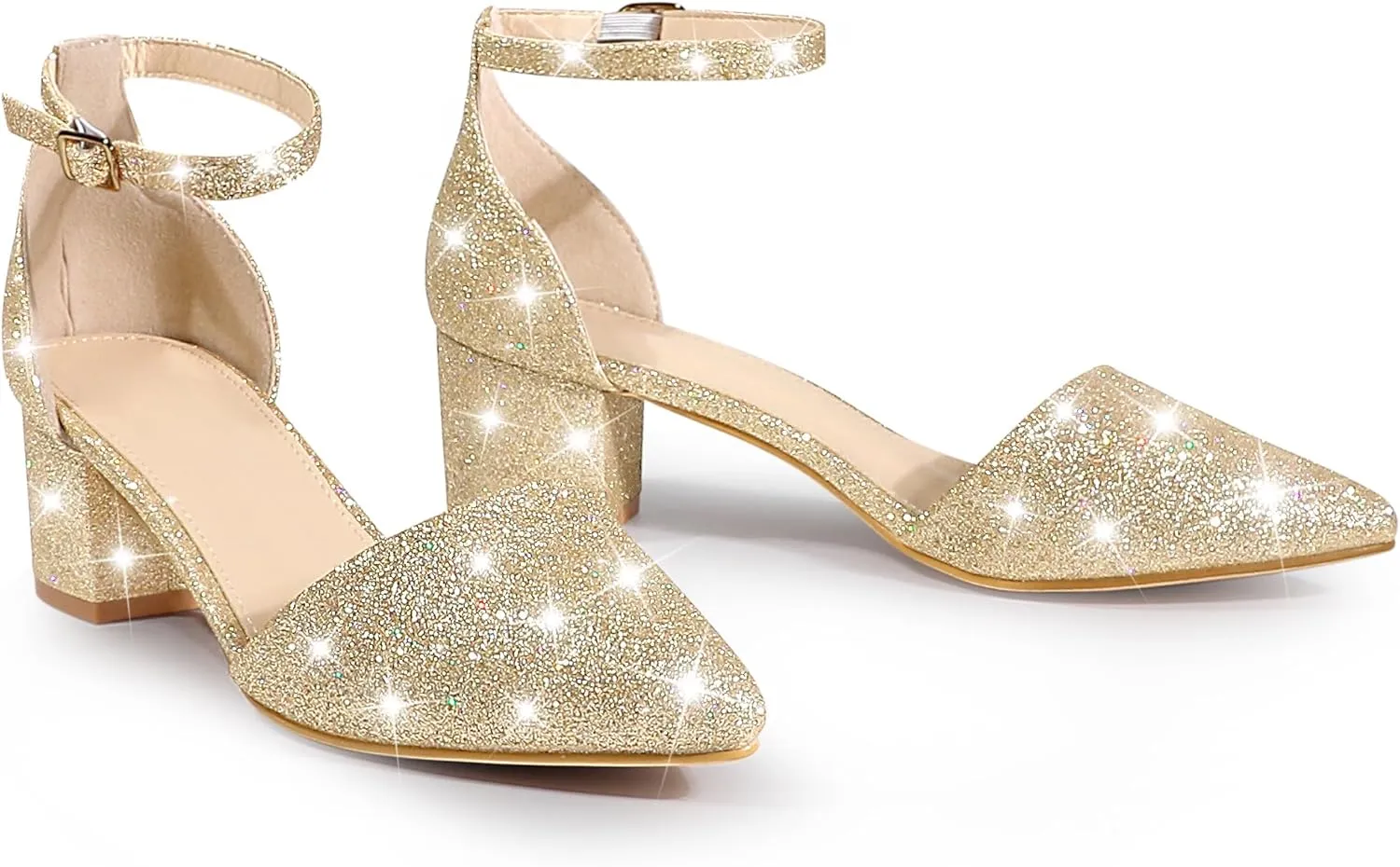 Perphy Glitter Pointed Toe Pumps Ankle Strap Buckle Chunky Block Heel Dress Pumps for Women