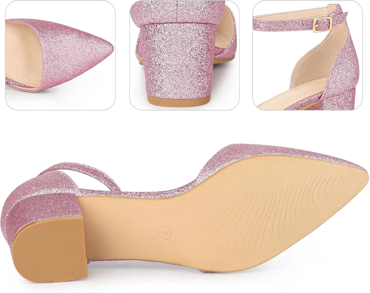 Perphy Glitter Pointed Toe Pumps Ankle Strap Buckle Chunky Block Heel Dress Pumps for Women