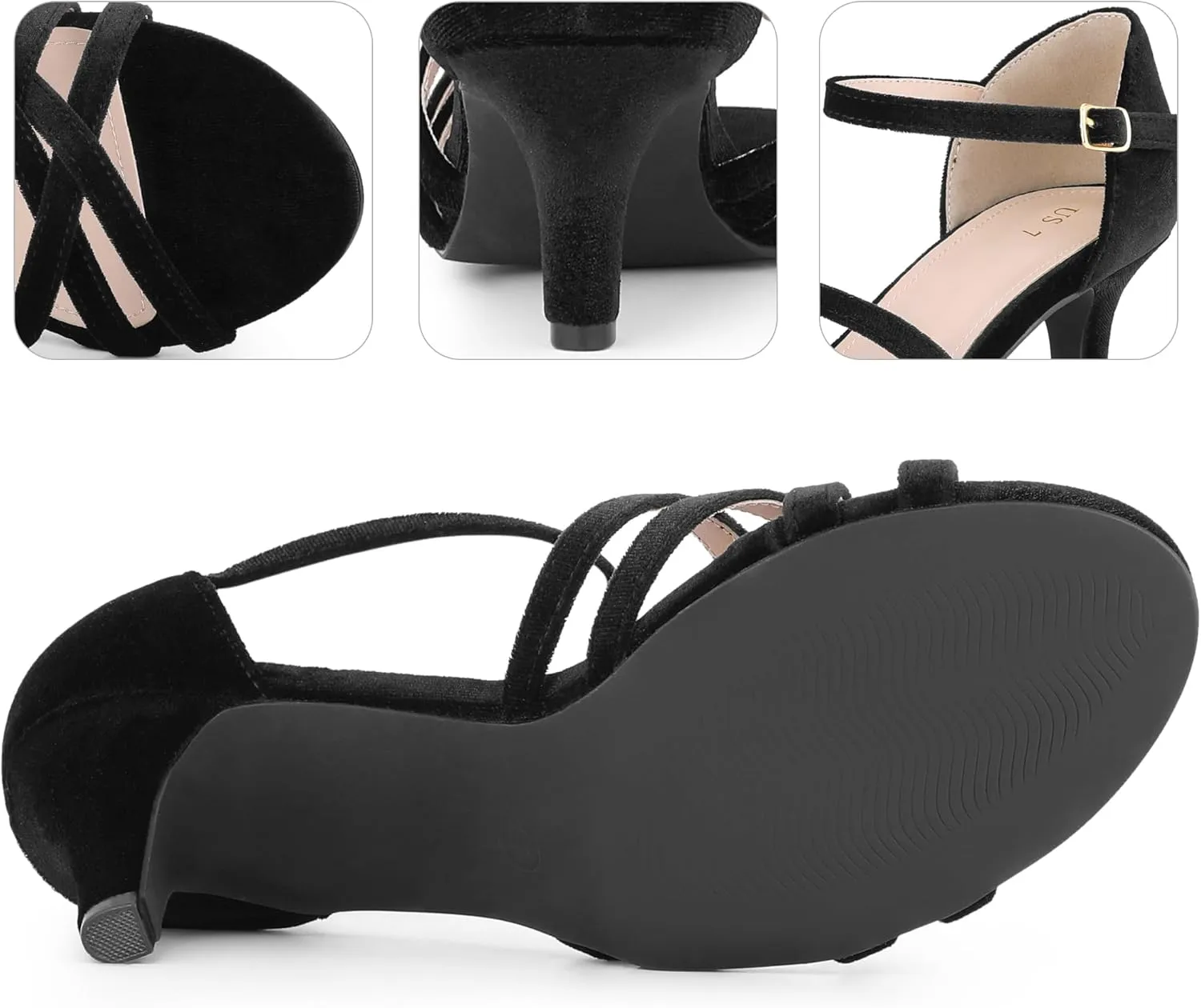 Perphy Kitten Heels Sandals Velvet Strappy Heeled Dance Shoes for Women
