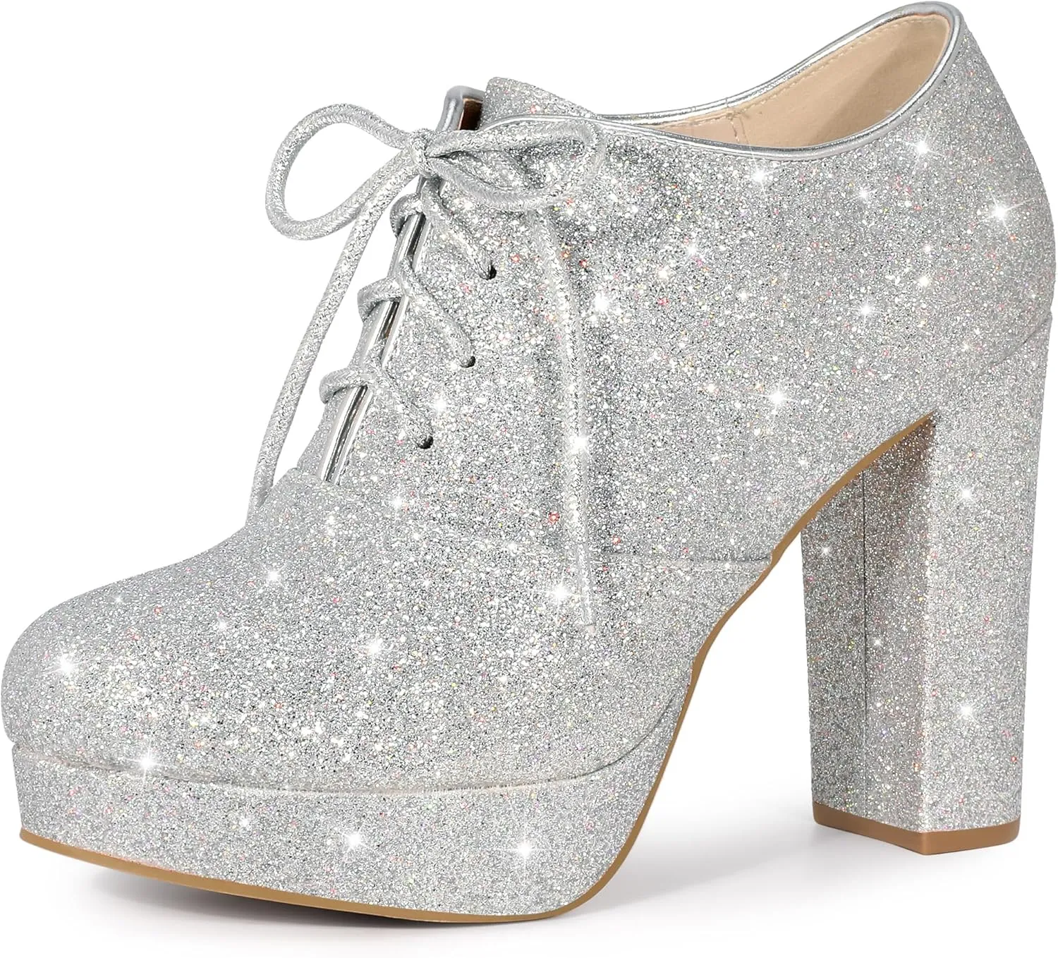 Perphy Lace up Chunky Heel Platform Glitter Ankle Booties for Women