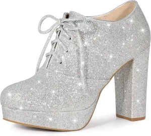 Perphy Lace up Chunky Heel Platform Glitter Ankle Booties for Women