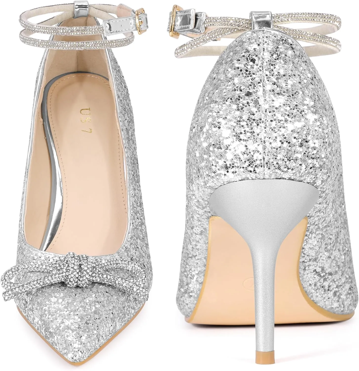 Perphy Rhinestone Bow Glitter Pointed Toe Stiletto Heel Pumps for Women