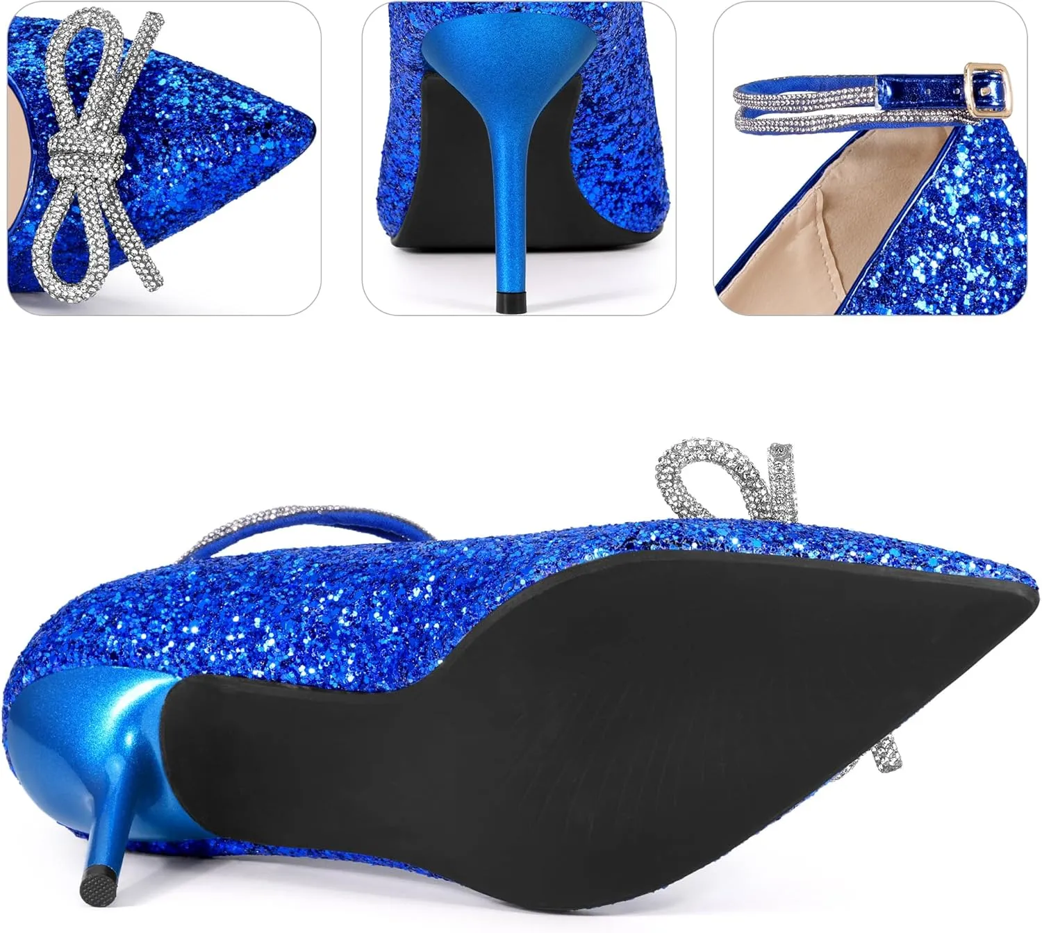 Perphy Rhinestone Bow Glitter Pointed Toe Stiletto Heel Pumps for Women