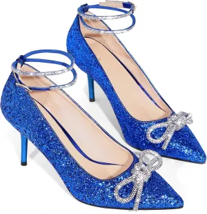 Perphy Rhinestone Bow Glitter Pointed Toe Stiletto Heel Pumps for Women