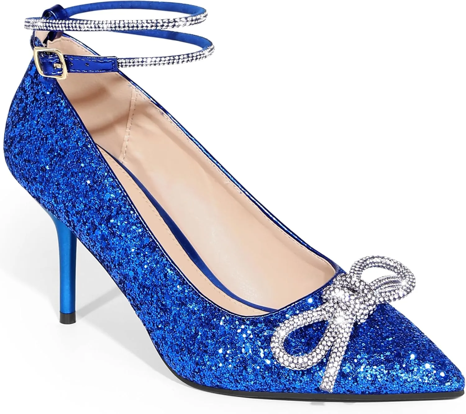 Perphy Rhinestone Bow Glitter Pointed Toe Stiletto Heel Pumps for Women