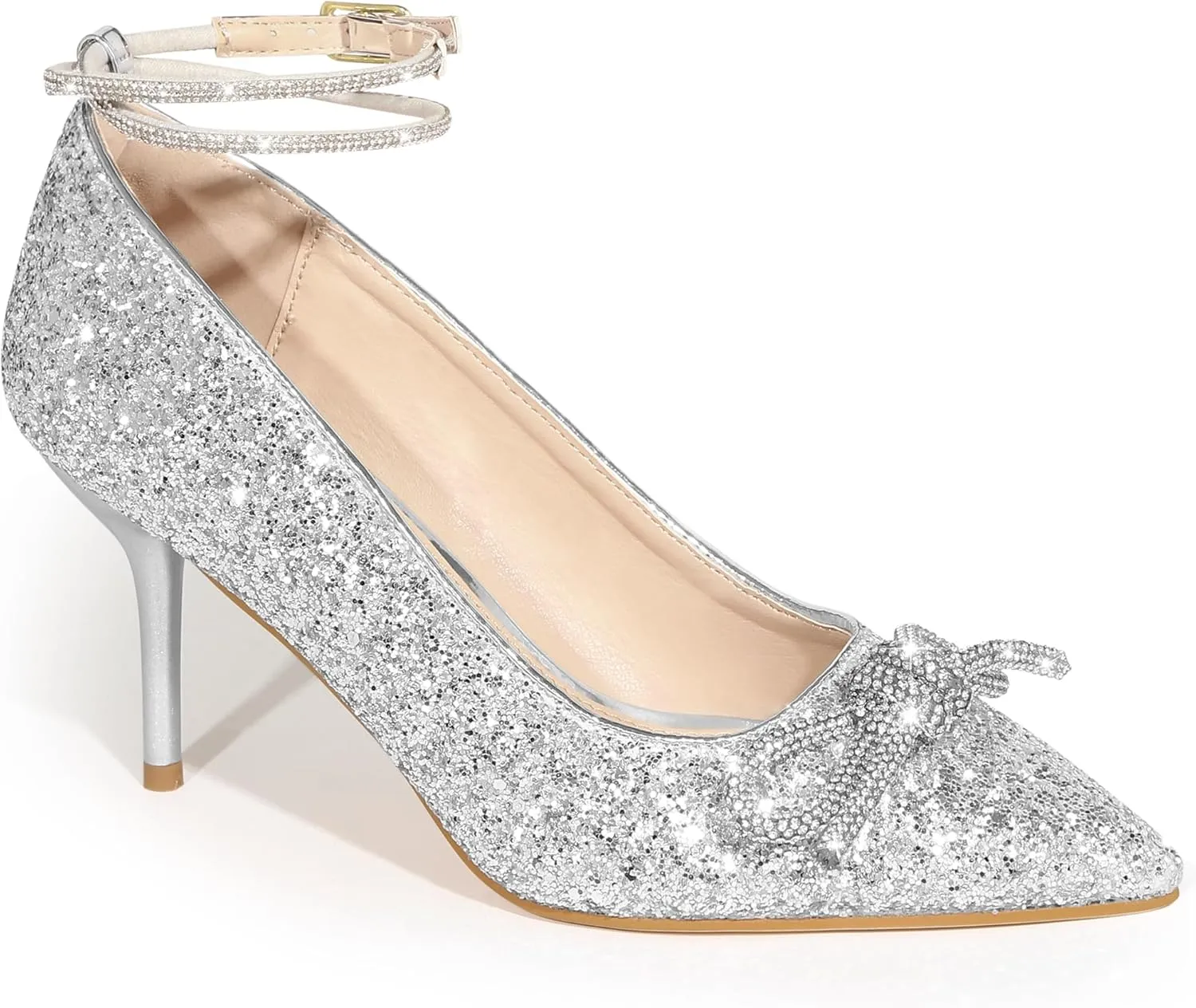 Perphy Rhinestone Bow Glitter Pointed Toe Stiletto Heel Pumps for Women