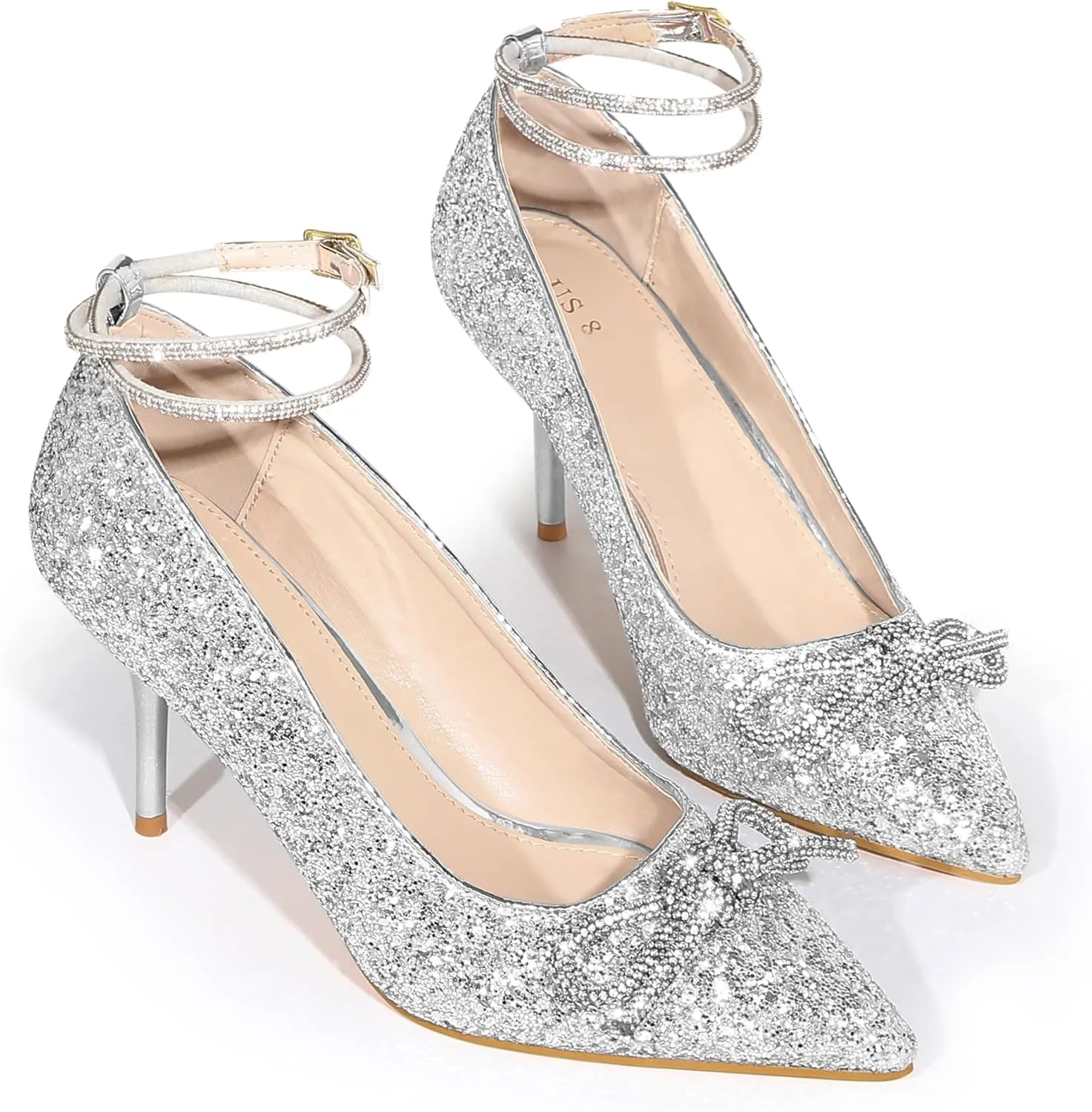 Perphy Rhinestone Bow Glitter Pointed Toe Stiletto Heel Pumps for Women