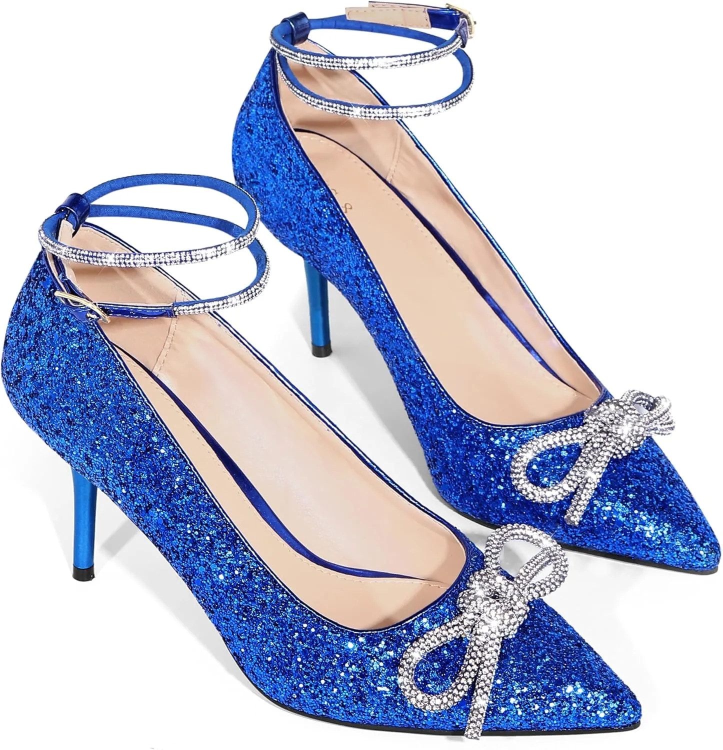 Perphy Rhinestone Bow Glitter Pointed Toe Stiletto Heel Pumps for Women
