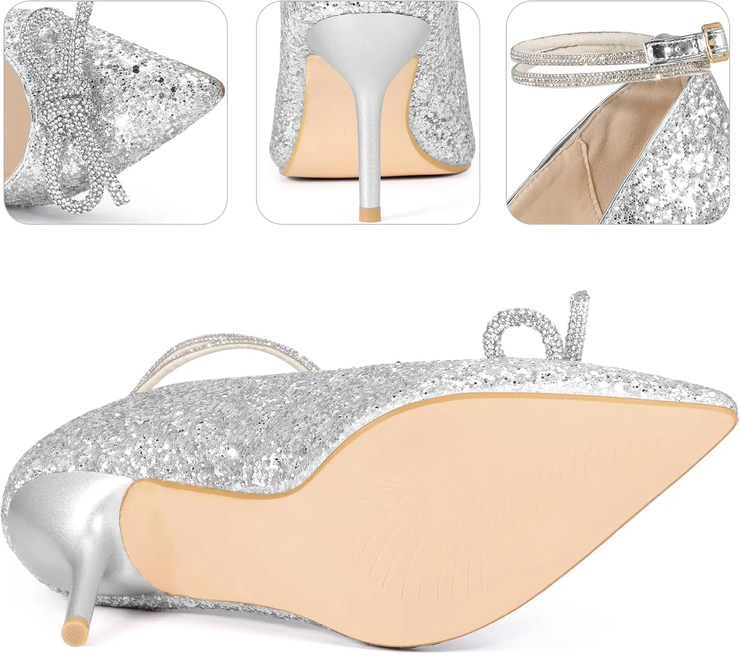 Perphy Rhinestone Bow Glitter Pointed Toe Stiletto Heel Pumps for Women