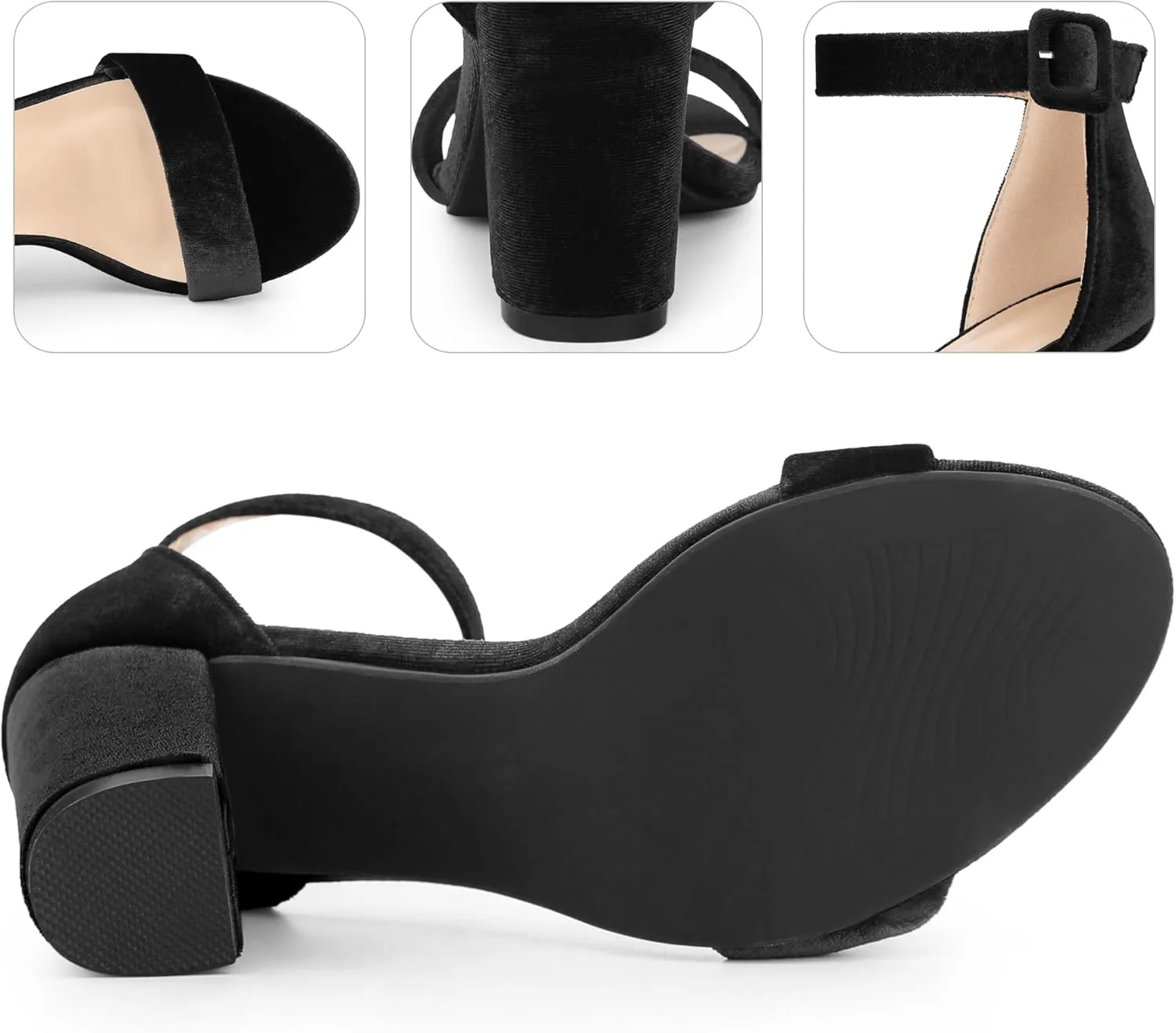 Perphy Velvet Ankle Strap Chunky Heel Sandals for Women Open Toe Dress Shoes